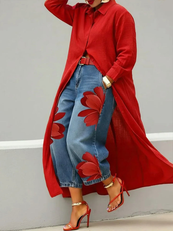 Diane - Robe Chemise en Lin et Ensemble de Jeans Floraux