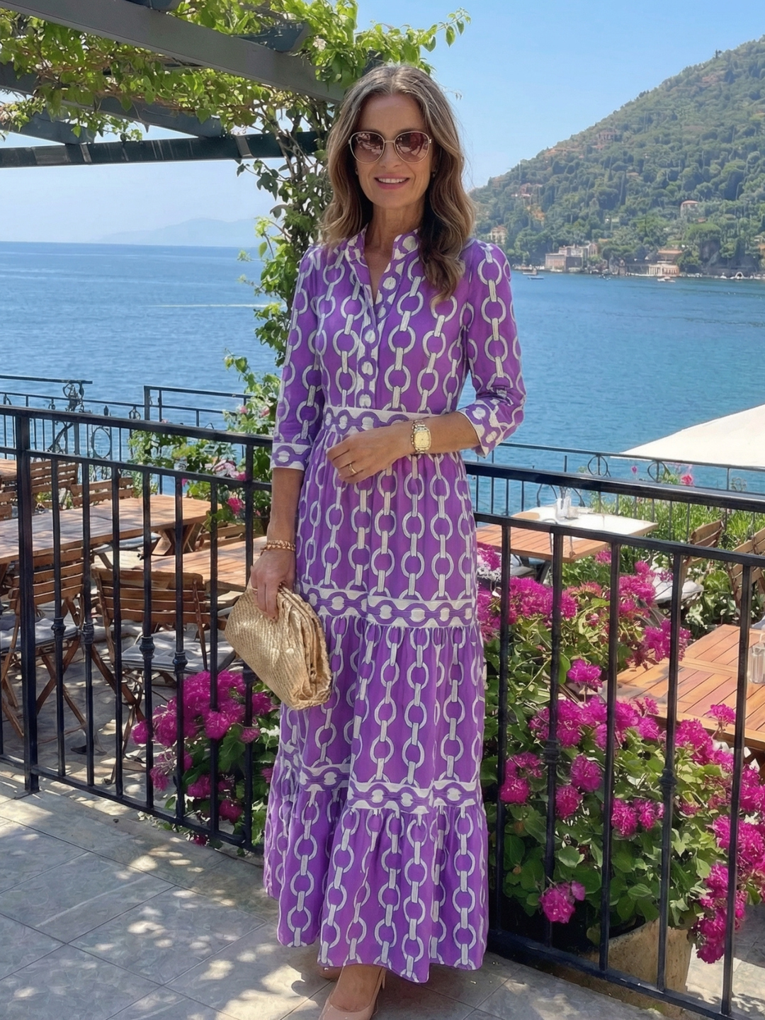 Silvia | Vestido Midi de Manga Tres Cuartos con Patrón de Cadenas