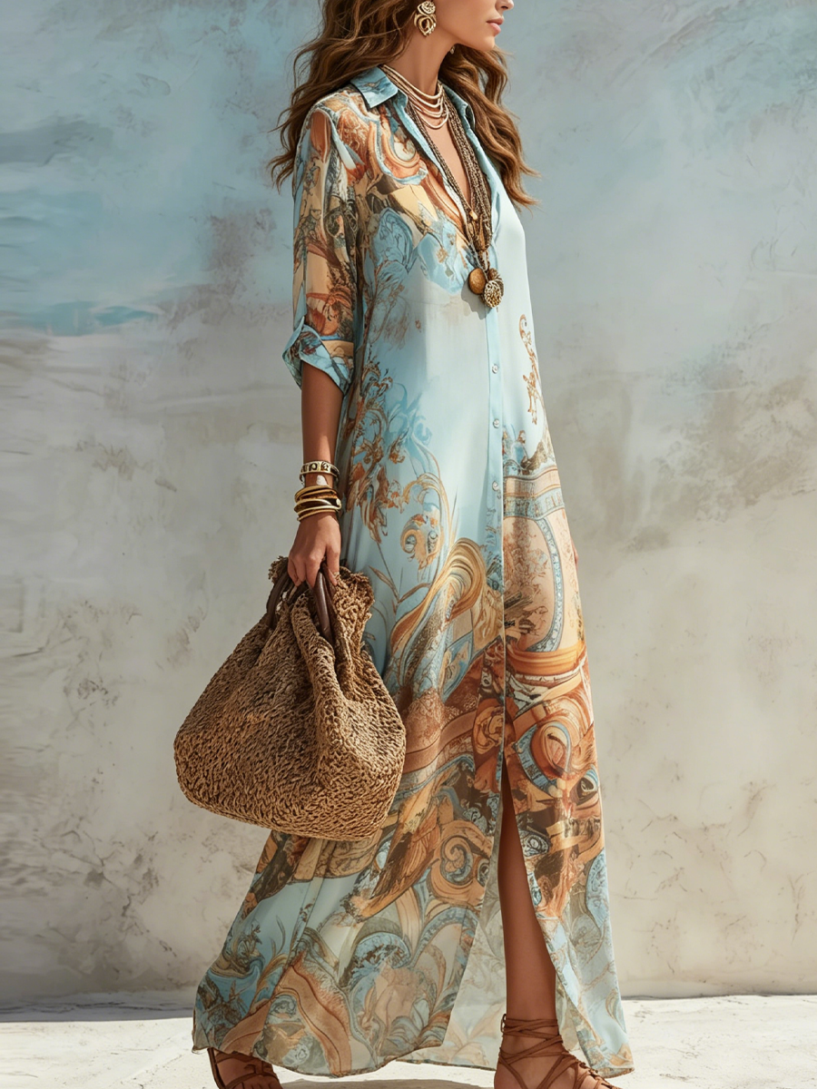 Robe Maxi Chiffon Bleue à Motif Baroque