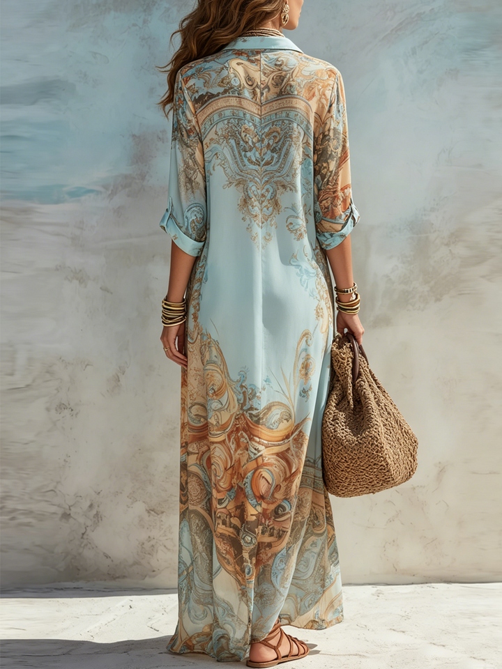 Robe Maxi Chiffon Bleue à Motif Baroque