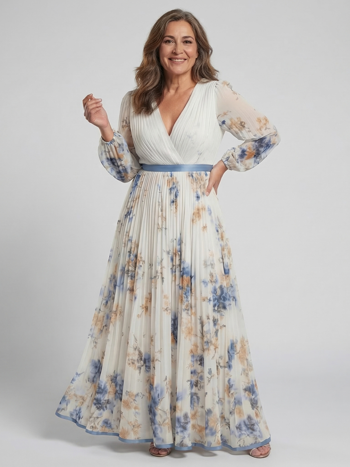 Rosa | Vestido Maxi Floral de Manga Larga con Escote en V