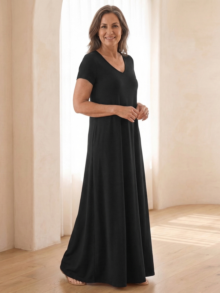 Silvia | Vestido Maxi con Cuello en V y Manga Corta con Bolsillos