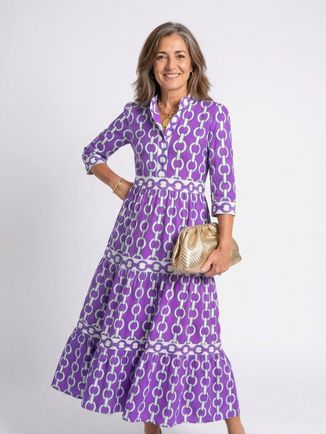 Silvia | Vestido Midi de Manga Tres Cuartos con Patrón de Cadenas