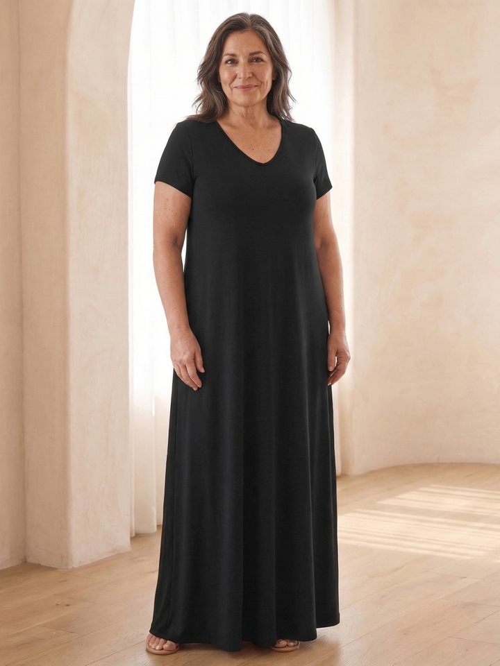 Silvia | Vestido Maxi con Cuello en V y Manga Corta con Bolsillos
