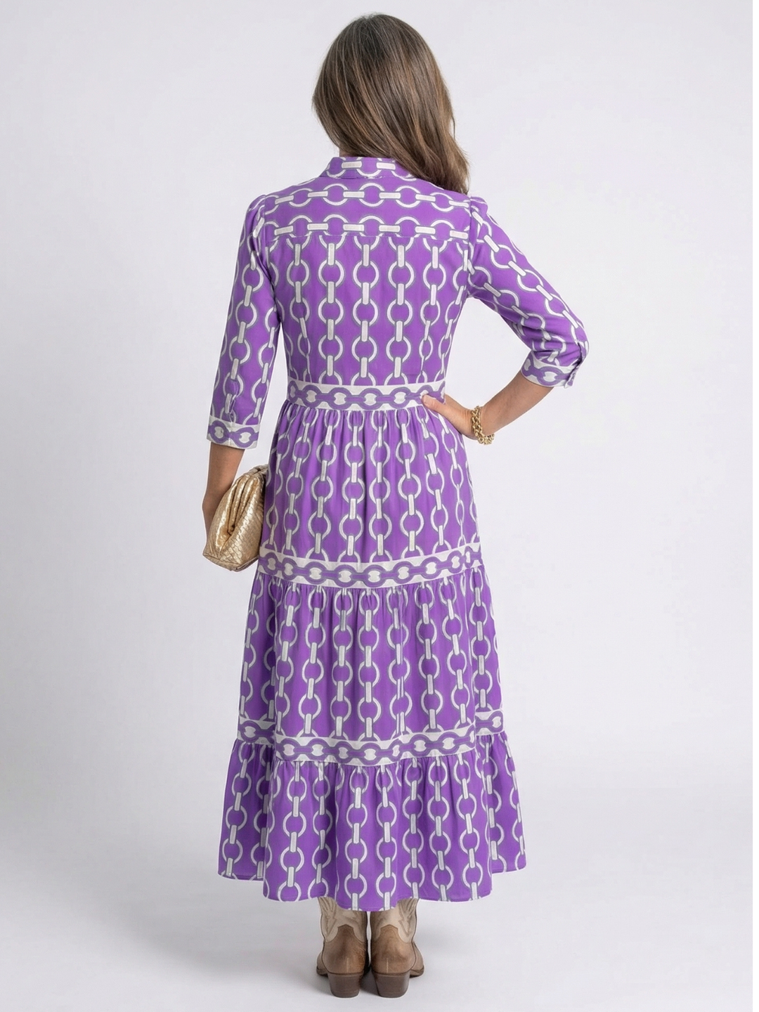 Silvia | Vestido Midi de Manga Tres Cuartos con Patrón de Cadenas