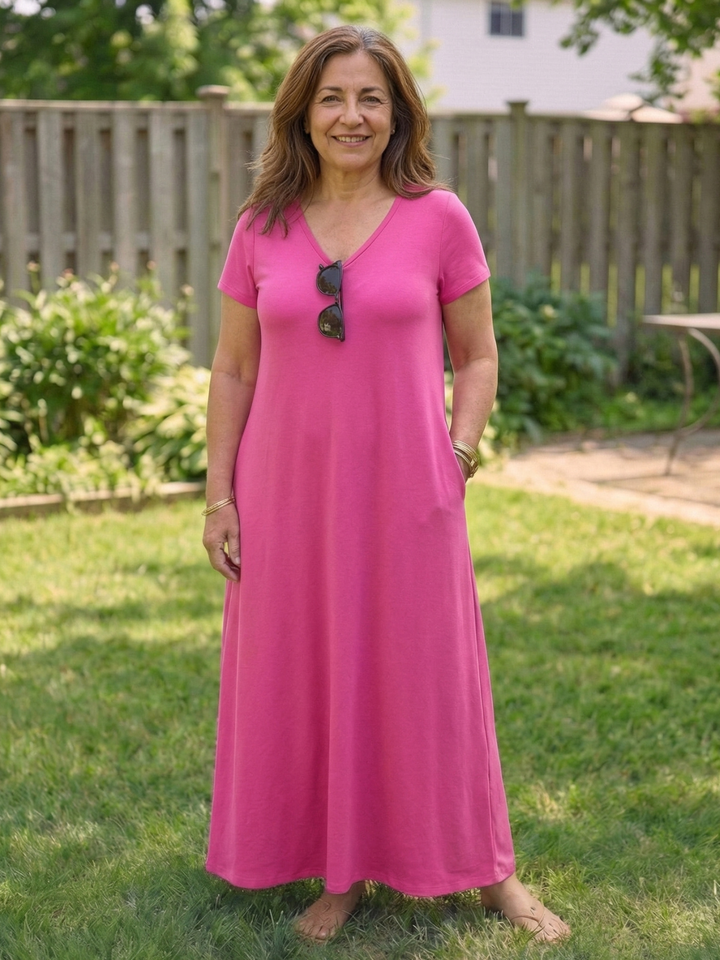 Silvia | Vestido Maxi con Cuello en V y Manga Corta con Bolsillos
