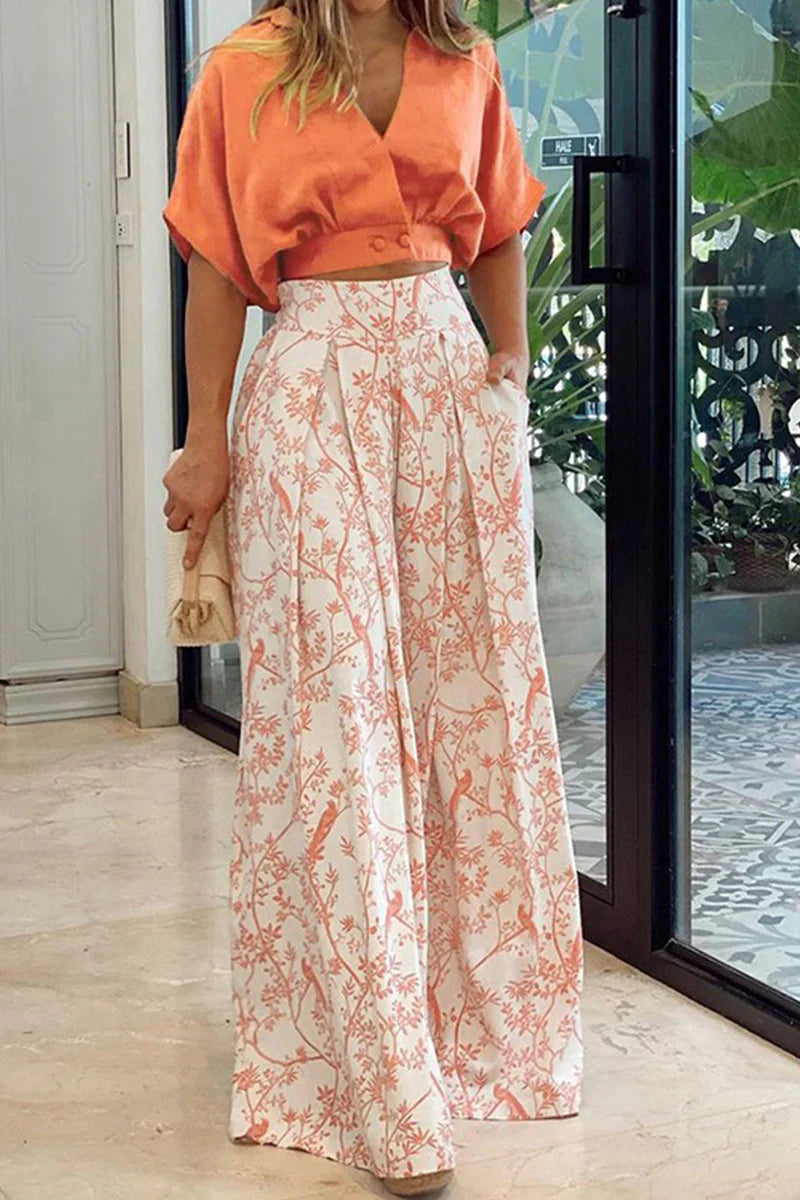 Conjunto De Top Corto con Mangas Abullonadas y Pantalón Ancho para Mujer | Ideal para Uso Diario