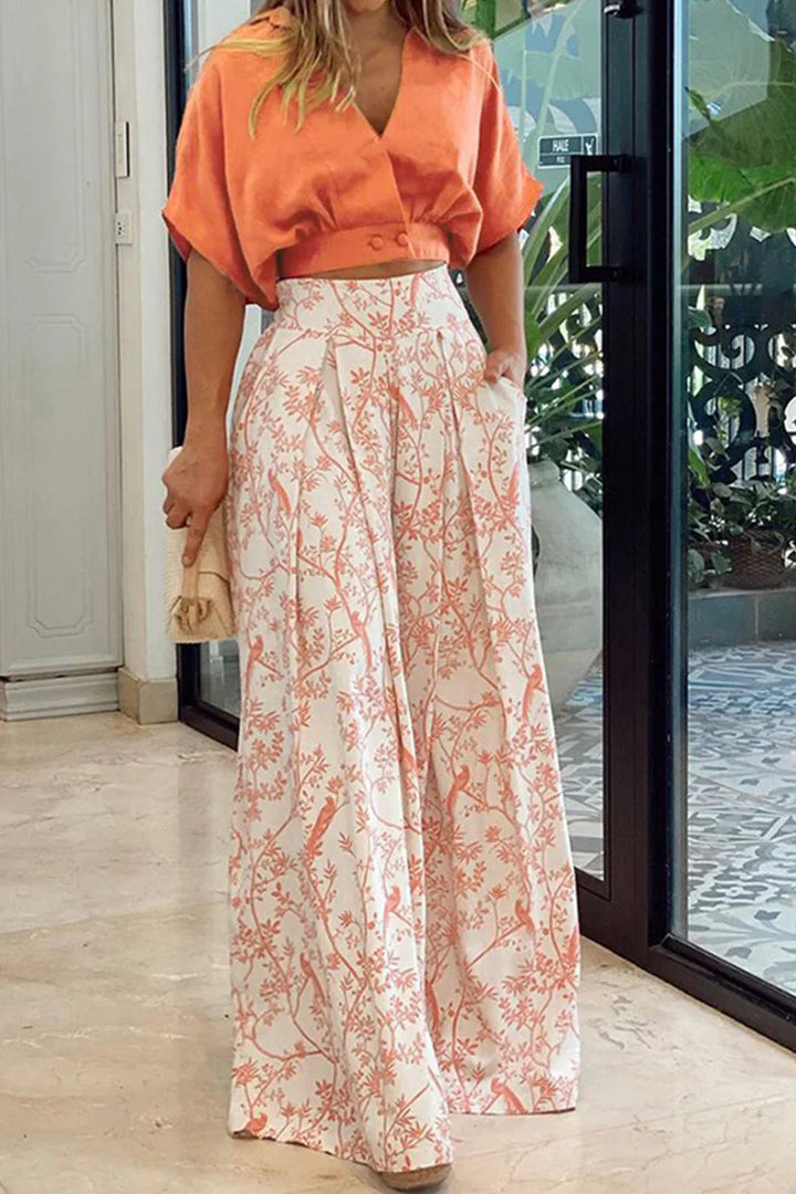Conjunto De Top Corto con Mangas Abullonadas y Pantalón Ancho para Mujer | Ideal para Uso Diario