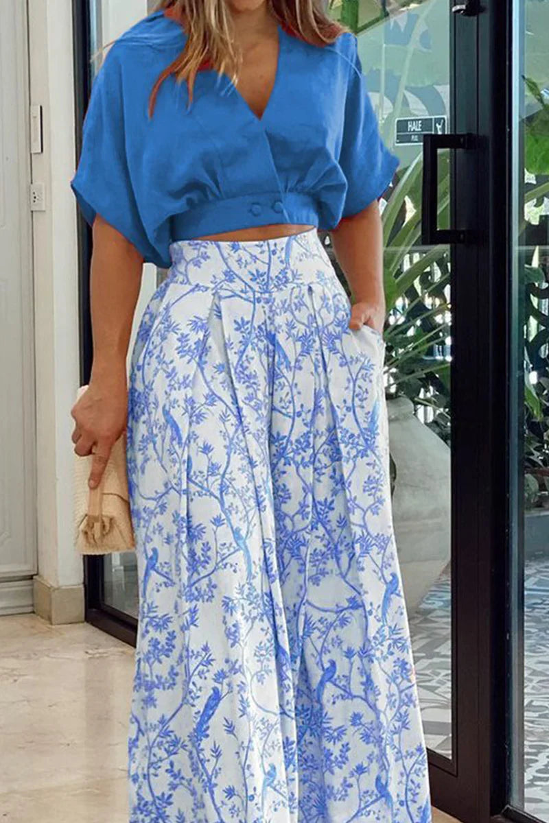 Conjunto De Top Corto con Mangas Abullonadas y Pantalón Ancho para Mujer | Ideal para Uso Diario