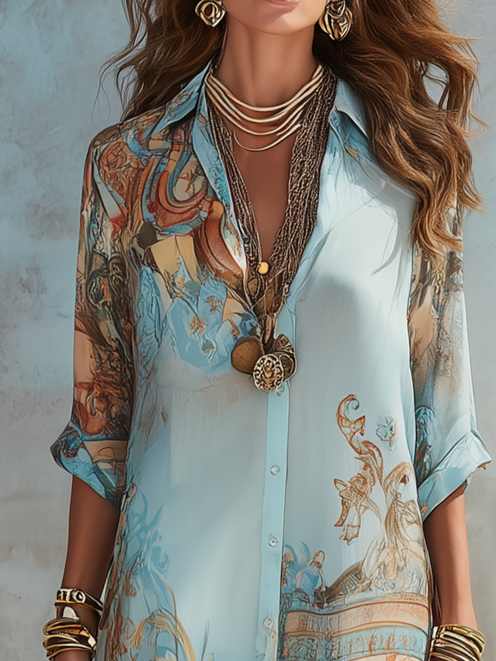 Robe Maxi Chiffon Bleue à Motif Baroque