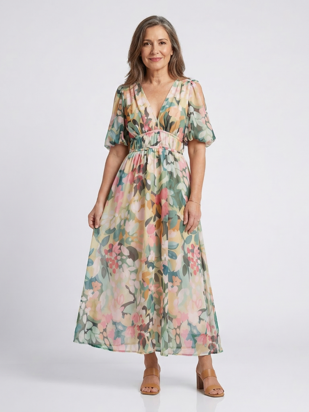 Irene | Vestido Midi de Manga Corta con Escote en V y Cintura Fruncida