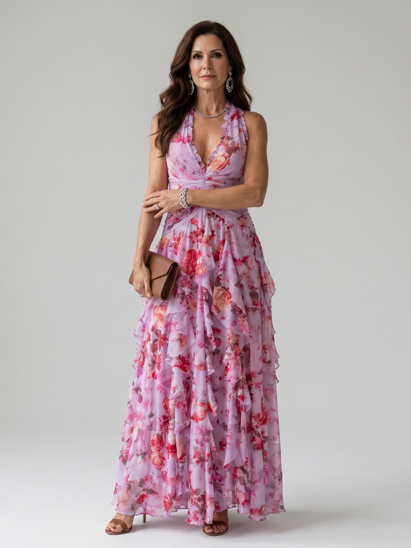 Nathalie | Robe maxi florale froncée à encolure halter