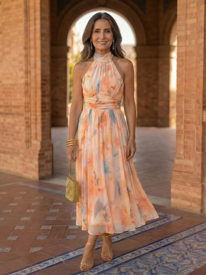 Teresa | Vestido con Cuello Halter y Estampado Acuarela