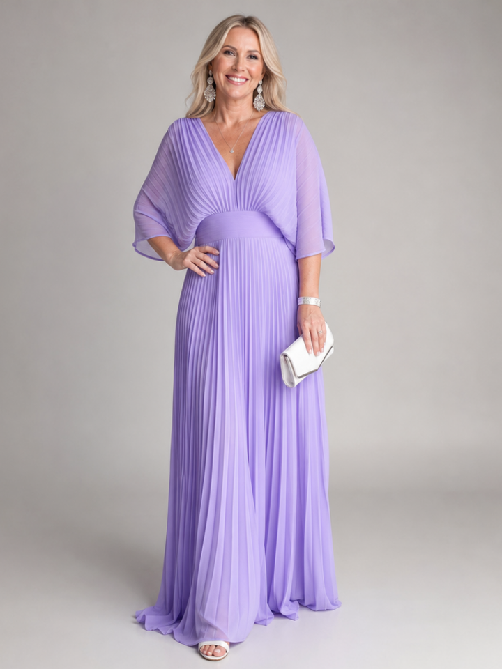 Semorph | V Neck Long Sleeve Pleated Maxi Dress