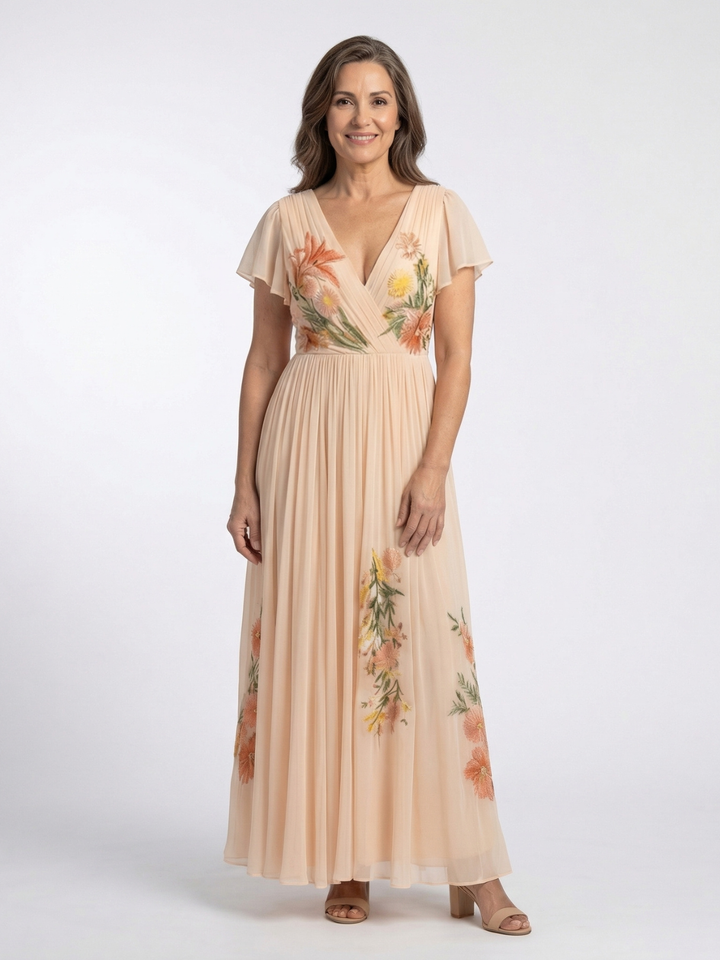 Lucía | Vestido Maxi Floral con Cuello en V y Manga Corta