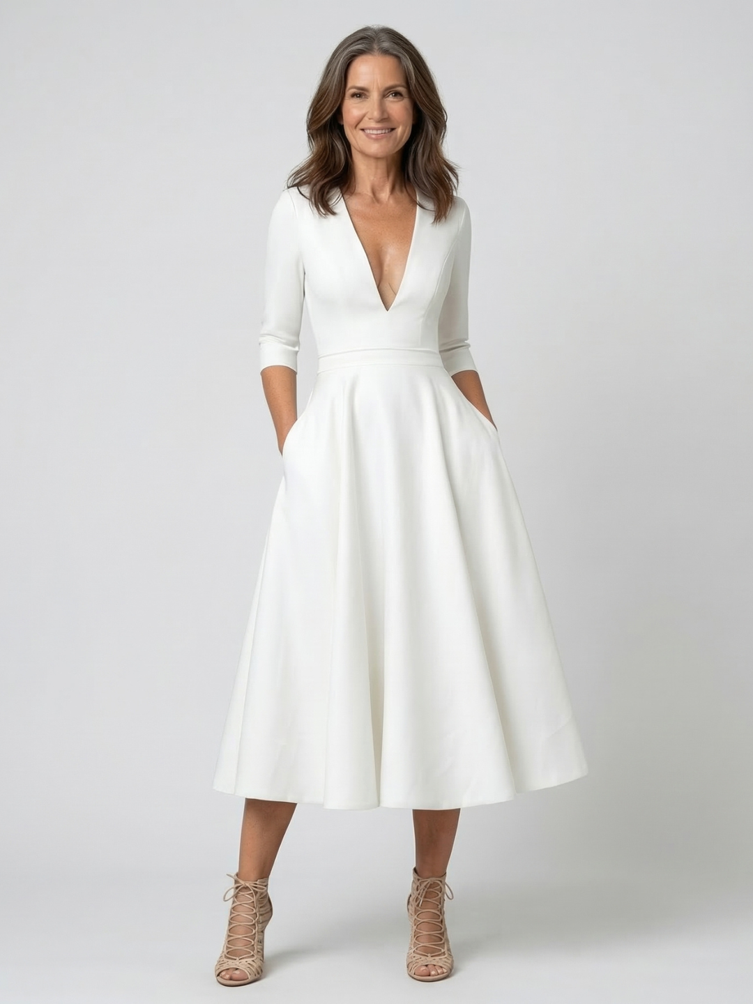 Lucia | Mujer Blanco Vestido Midi Con Escote En V Profundo Y Mangas 3/4 | Elegante