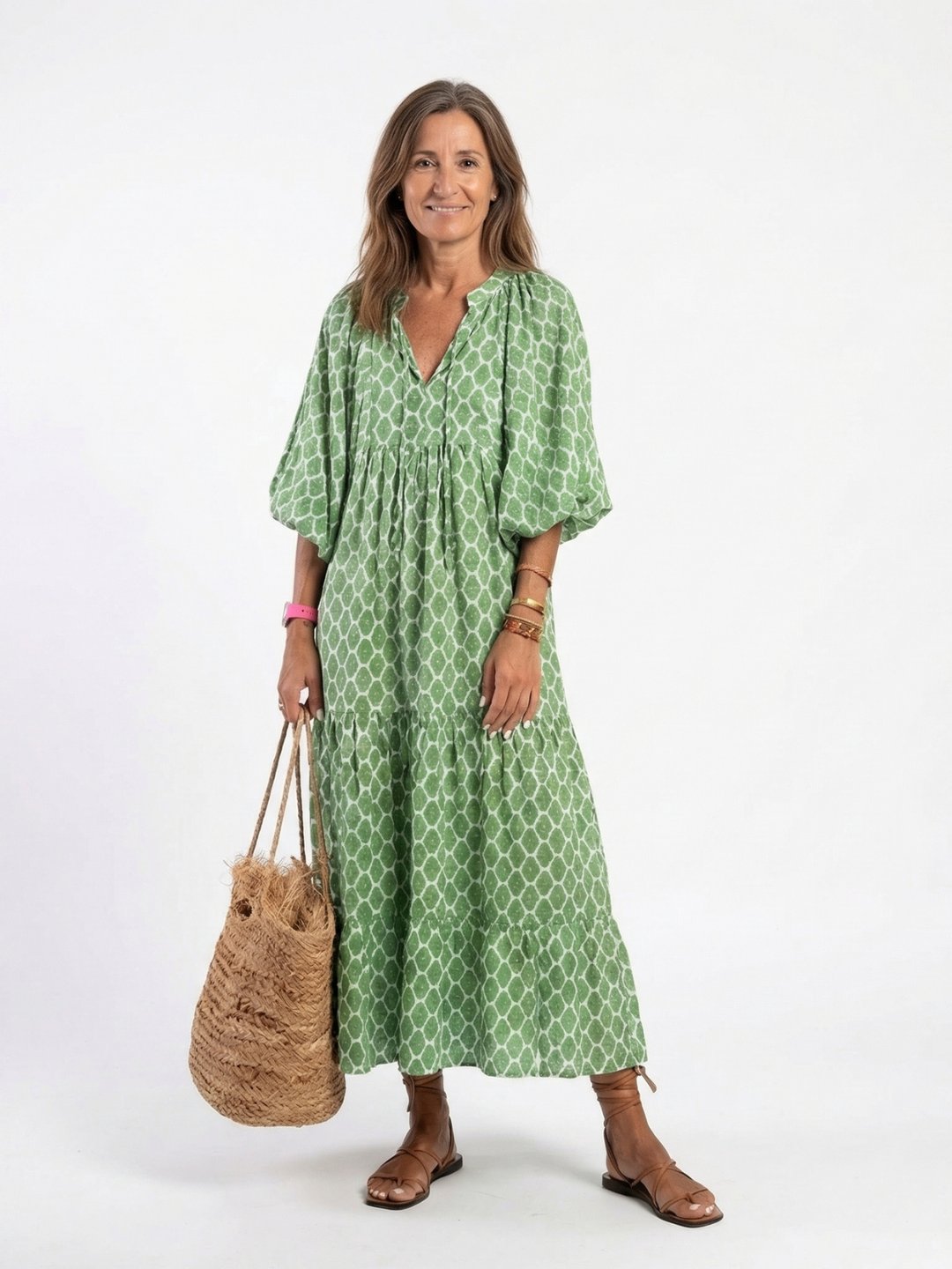 Teresa | Vestido midi con cuello en V y mangas tres cuartos estampado