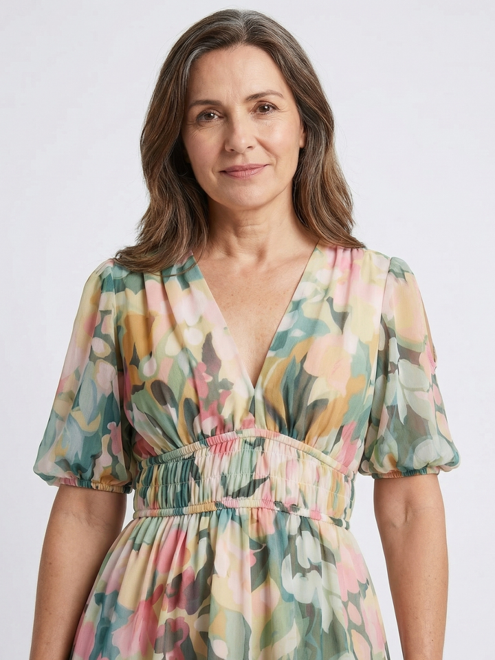 Irene | Vestido Midi de Manga Corta con Escote en V y Cintura Fruncida