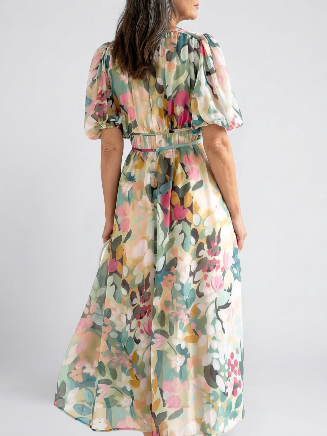 Irene | Vestido Midi de Manga Corta con Escote en V y Cintura Fruncida