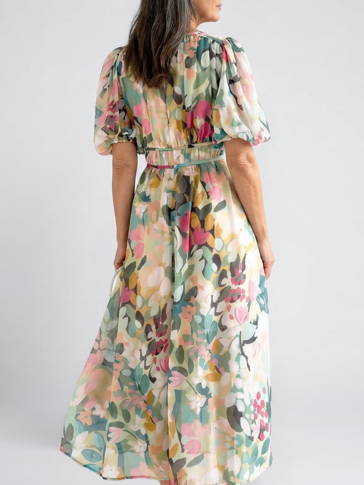Irene | Vestido Midi de Manga Corta con Escote en V y Cintura Fruncida