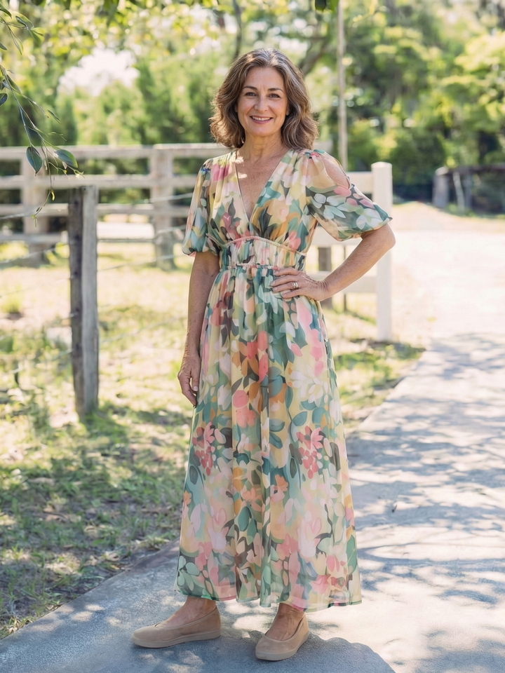 Irene | Vestido Midi de Manga Corta con Escote en V y Cintura Fruncida