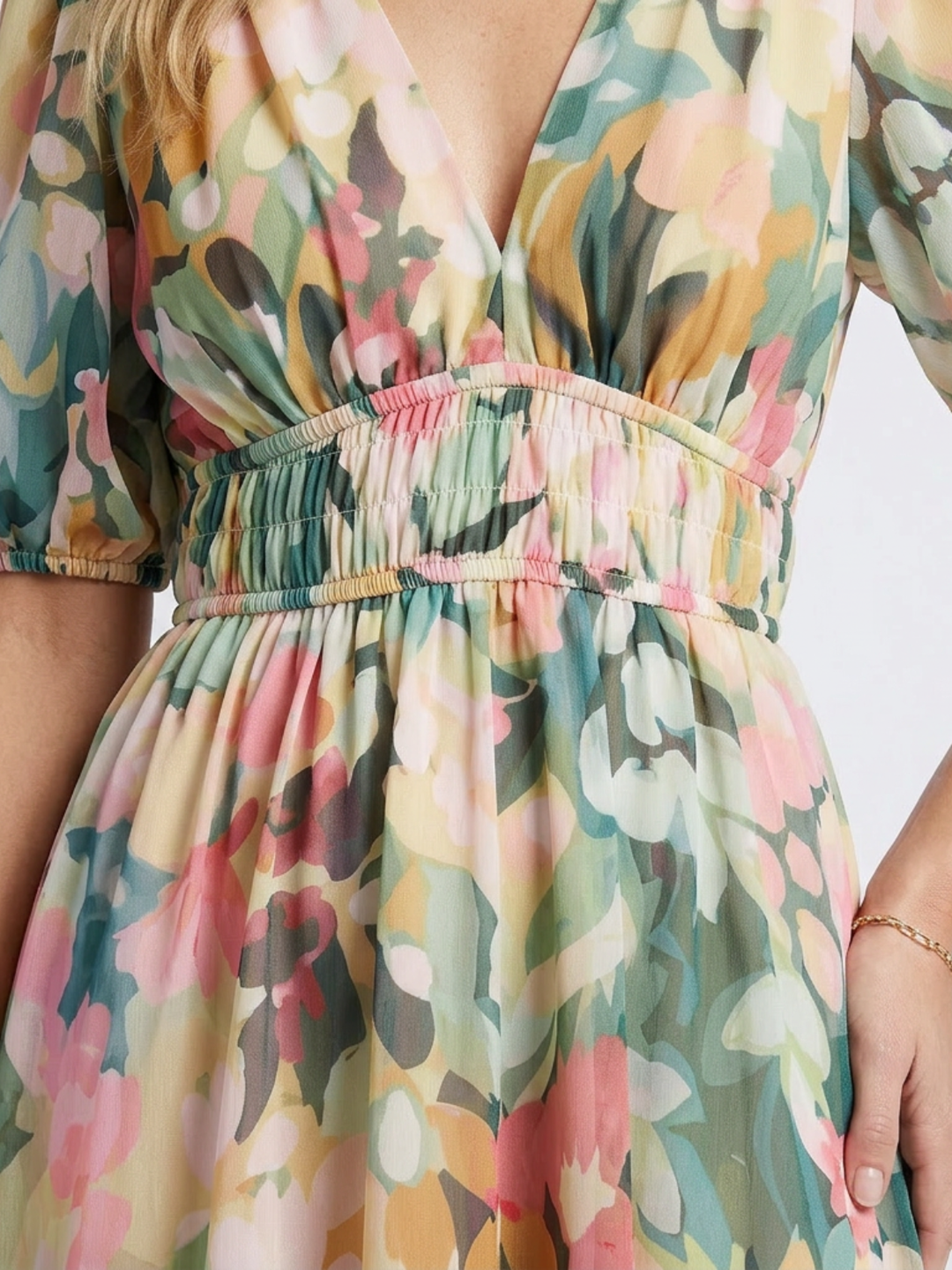 Irene | Vestido Midi de Manga Corta con Escote en V y Cintura Fruncida