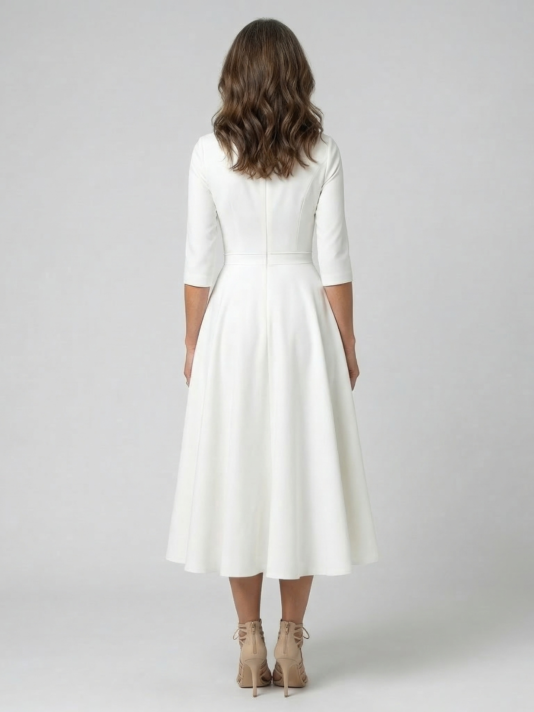 Lucia | Mujer Blanco Vestido Midi Con Escote En V Profundo Y Mangas 3/4 | Elegante