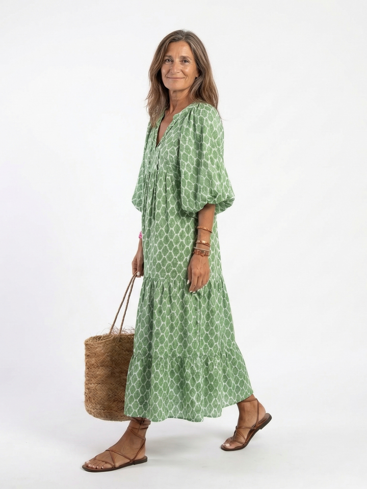 Teresa | Vestido midi con cuello en V y mangas tres cuartos estampado