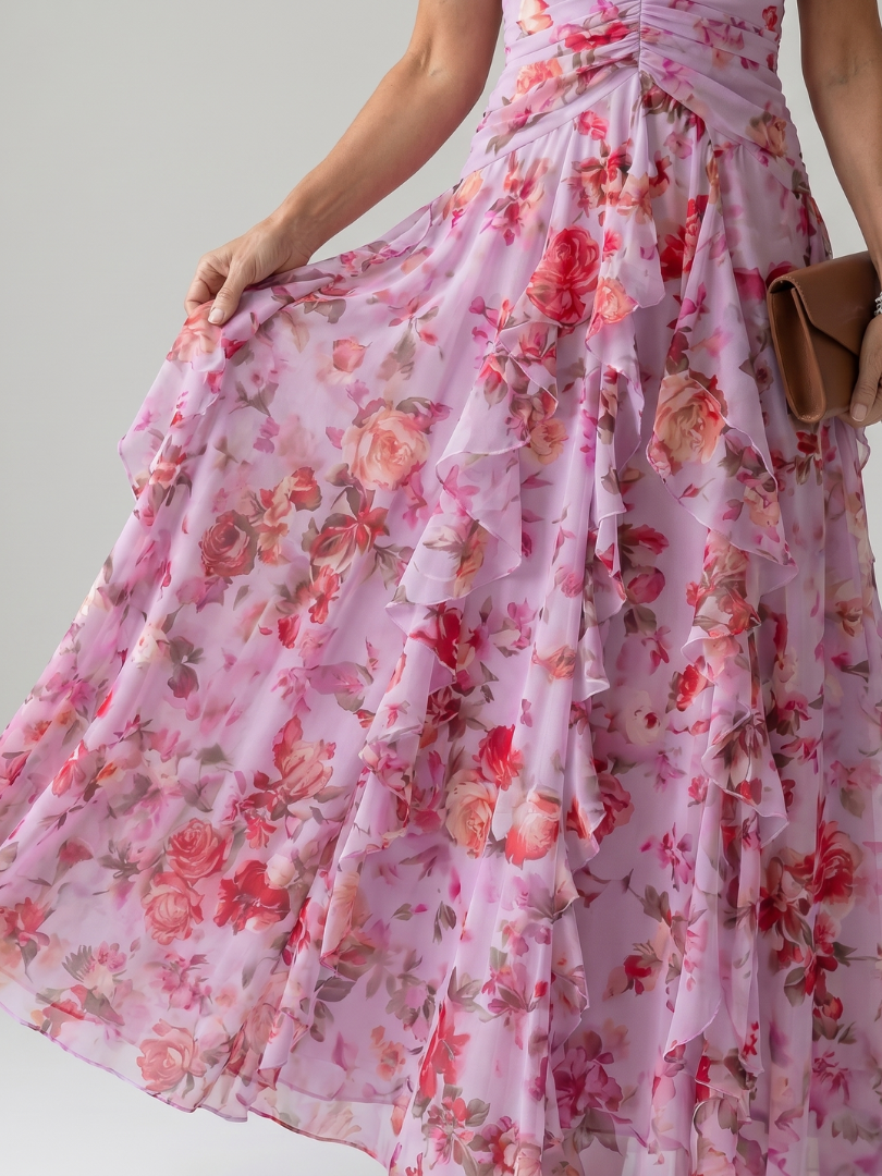 Nathalie | Robe maxi florale froncée à encolure halter