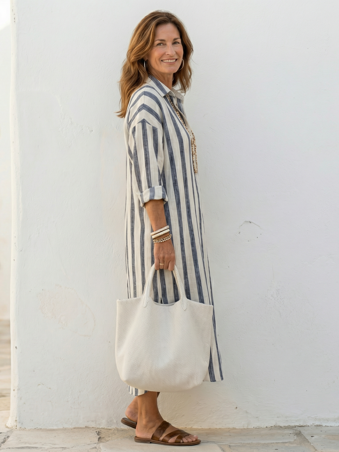 Marisa | Vestido Camisero Midi de Rayas de Manga Larga