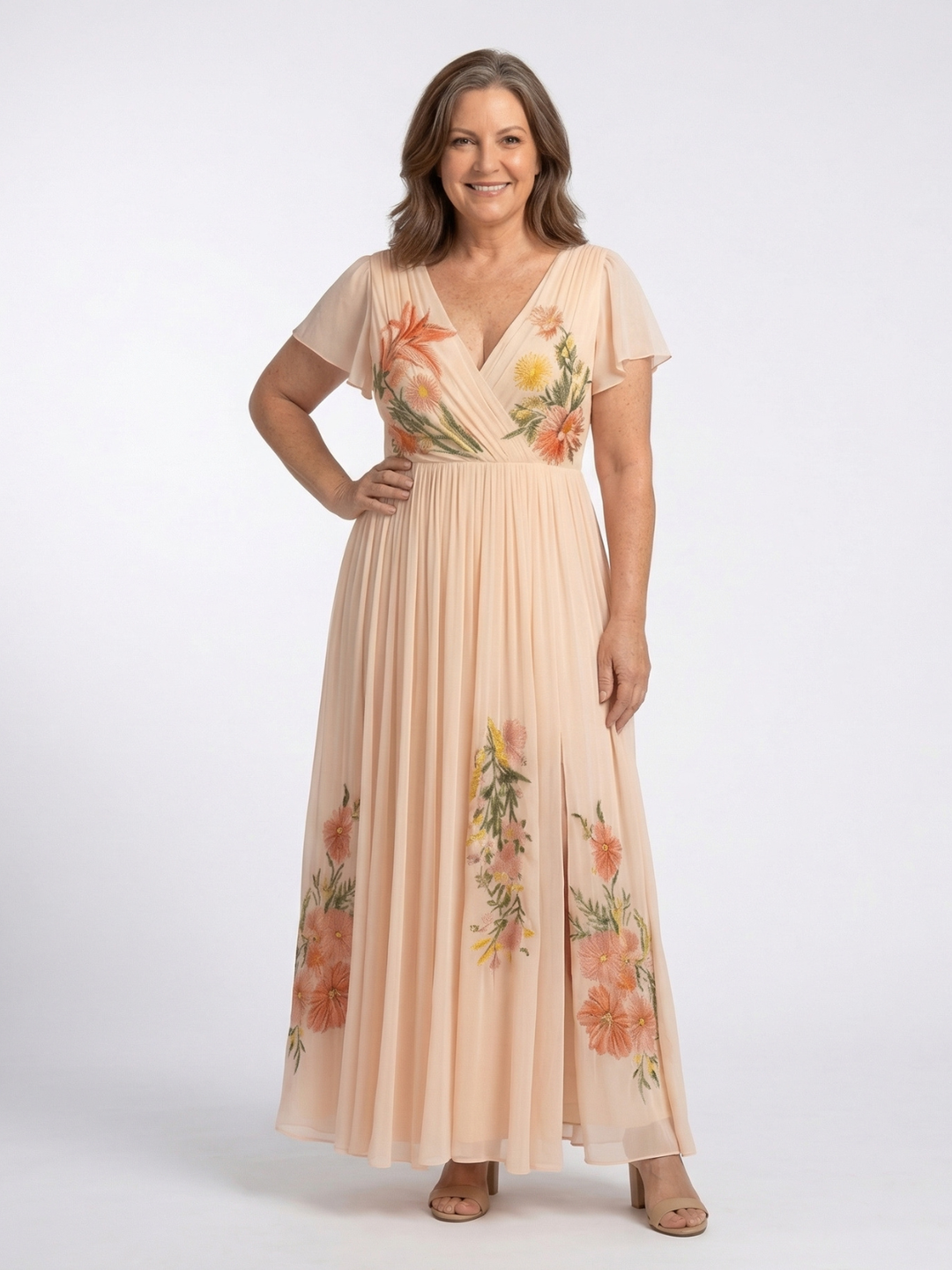 Lucía | Vestido Maxi Floral con Cuello en V y Manga Corta