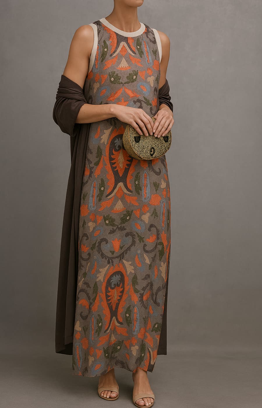 Élina | Ensemble robe longue imprimée avec gilet assorti