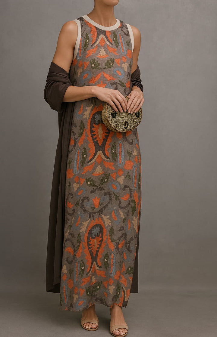Élina | Ensemble robe longue imprimée avec gilet assorti