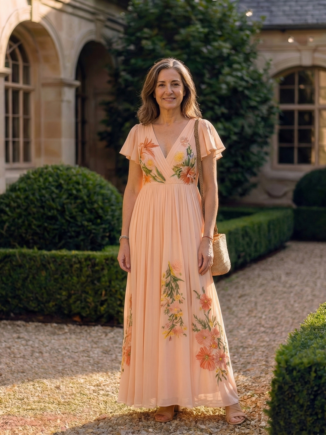Lucía | Vestido Maxi Floral con Cuello en V y Manga Corta