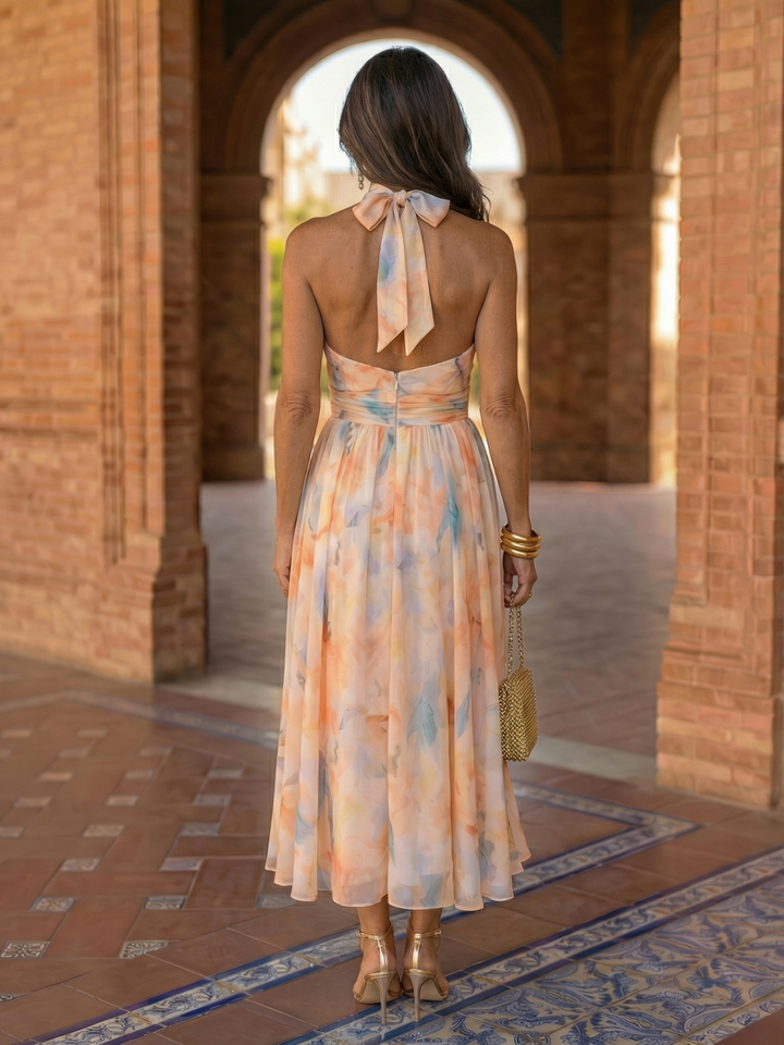 Teresa | Vestido con Cuello Halter y Estampado Acuarela