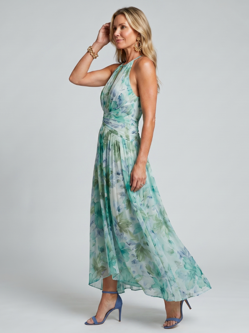 Francine | Robe midi à bretelles plissées avec motif floral doux