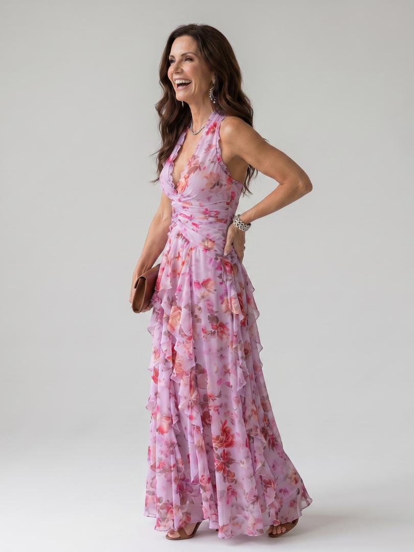 Nathalie | Robe maxi florale froncée à encolure halter