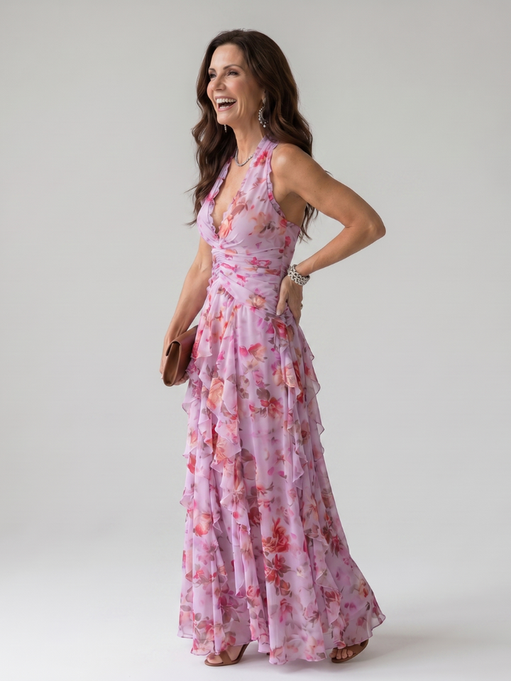 Nathalie | Robe maxi florale froncée à encolure halter