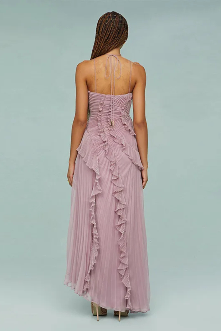 Imogen | Women’s Sleeveless Halter Backless Ruffled Maxi Summer Wedding Guest Dress