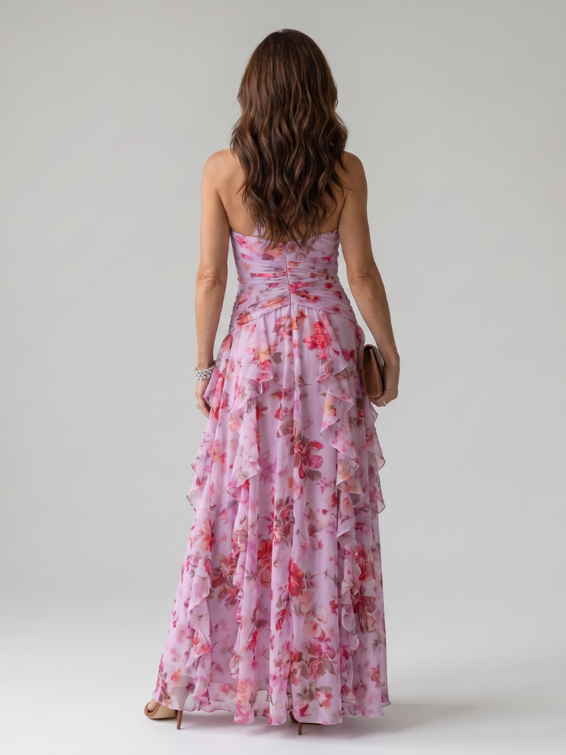 Nathalie | Robe maxi florale froncée à encolure halter