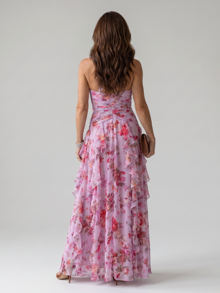 Nathalie | Robe maxi florale froncée à encolure halter