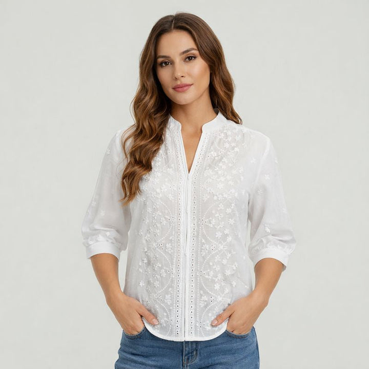 Riley | Blusa blanco bordada con cuello en V para mujer