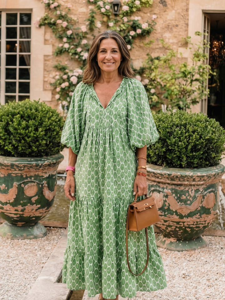 Teresa | Vestido midi con cuello en V y mangas tres cuartos estampado