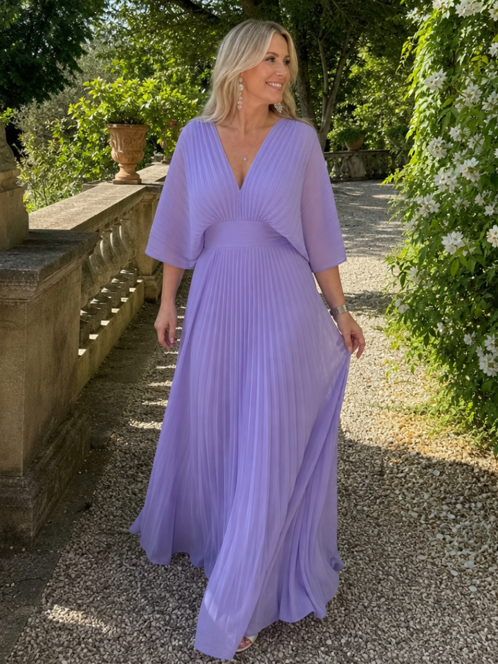 Semorph | V Neck Long Sleeve Pleated Maxi Dress