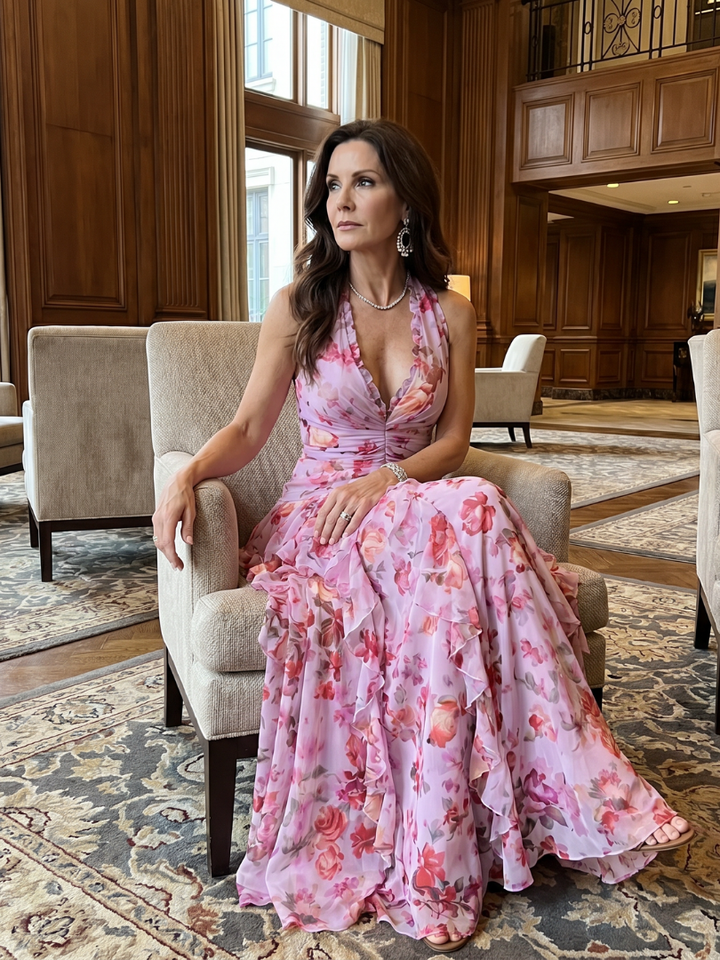 Nathalie | Robe maxi florale froncée à encolure halter