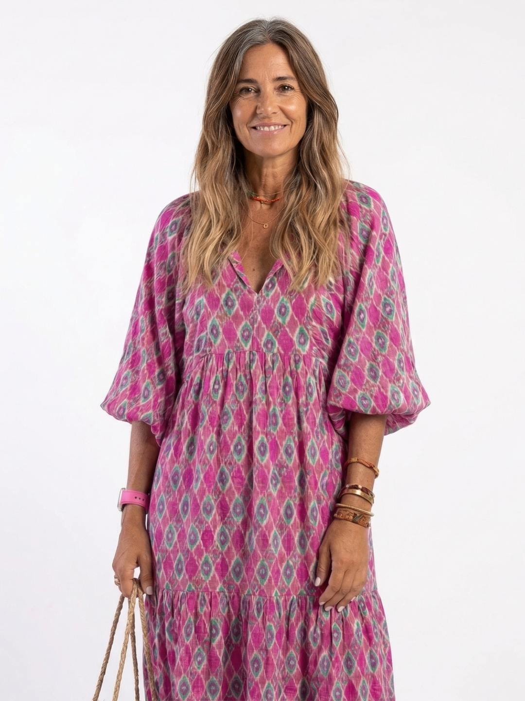 Teresa | Vestido midi con cuello en V y mangas tres cuartos estampado