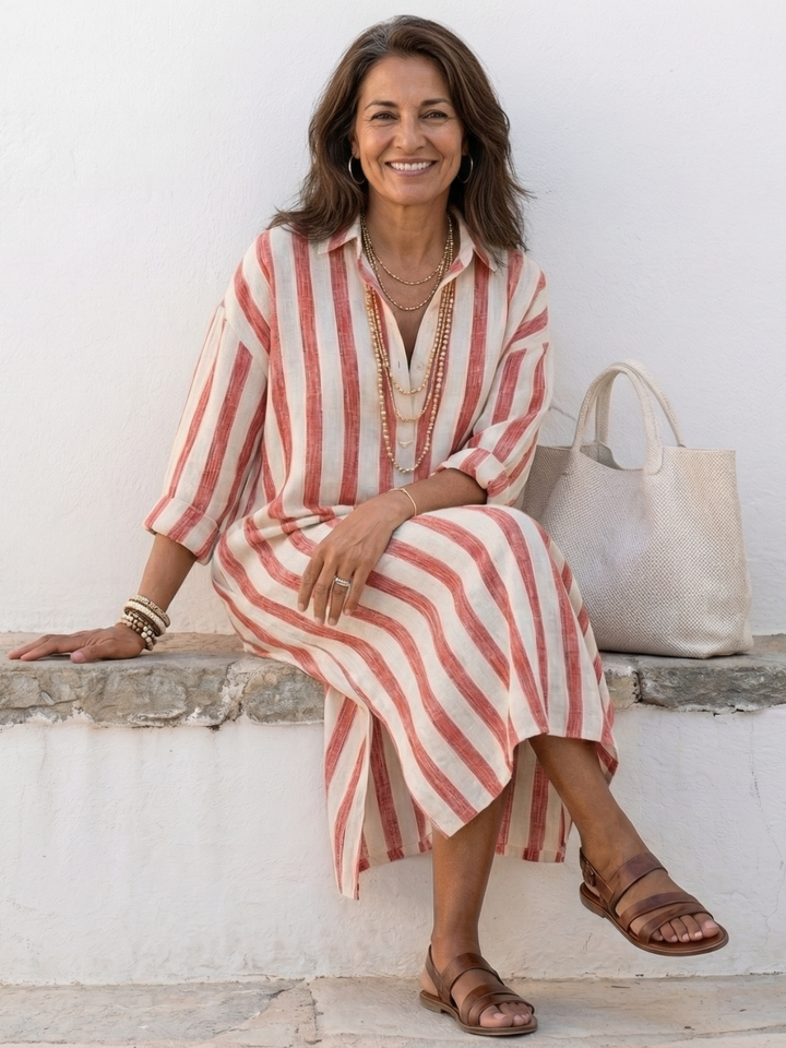 Marisa | Vestido Camisero Midi de Rayas de Manga Larga
