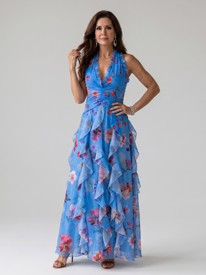Nathalie | Robe maxi florale froncée à encolure halter