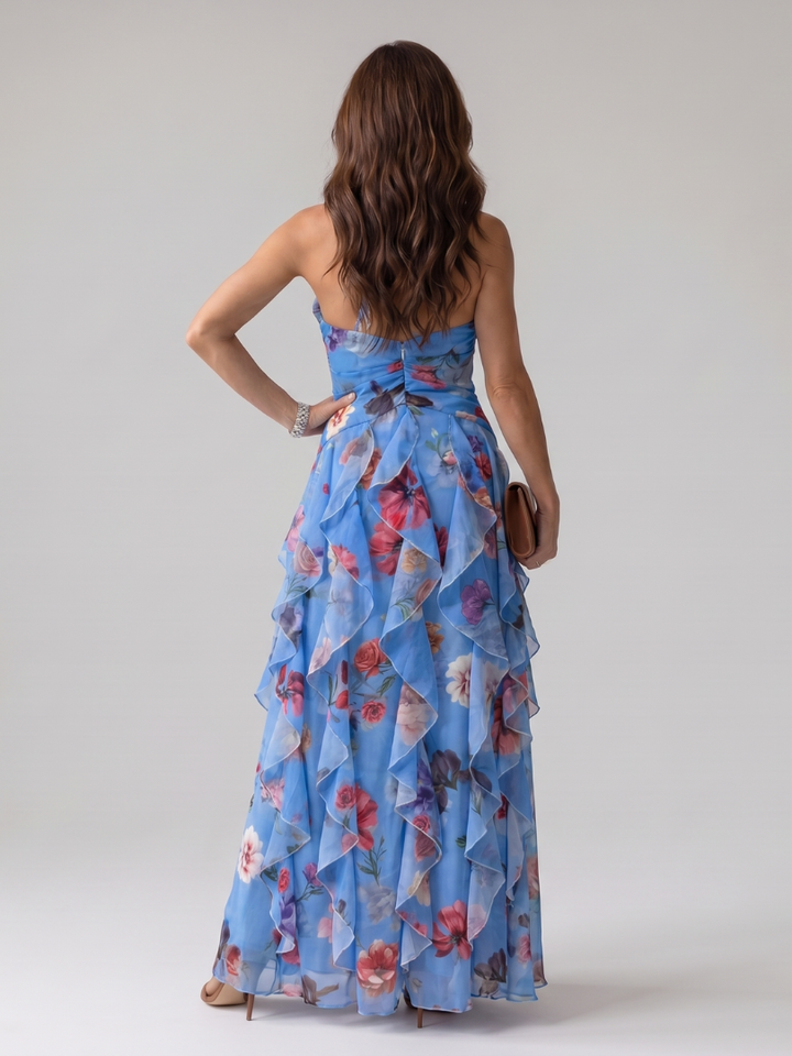Nathalie | Robe maxi florale froncée à encolure halter