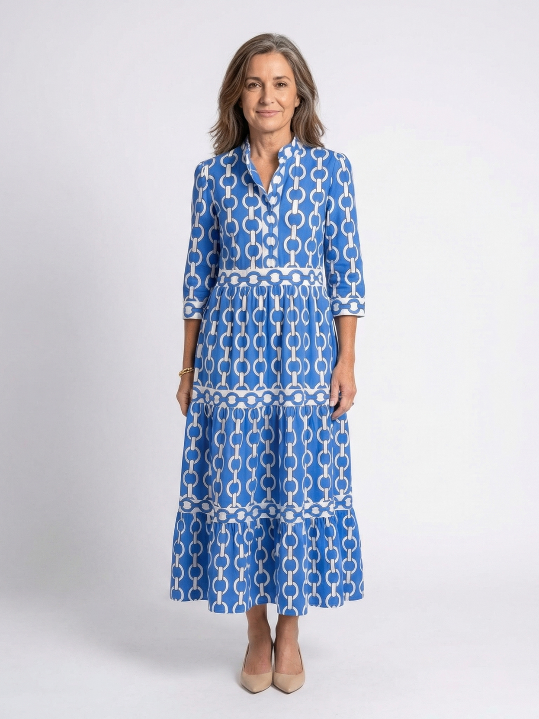 Silvia | Vestido Midi de Manga Tres Cuartos con Patrón de Cadenas